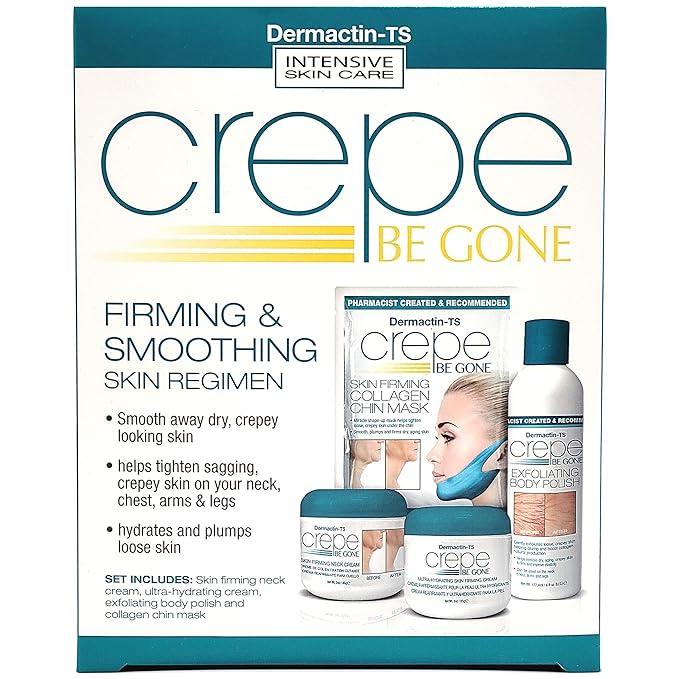 Dermactin-TS Crepe Be Gone Firming & Smoothing Skin Regimen 4-PC Set - Includes Skin Firming Neck Cream, Hydrating Skin Firming Soufle, Exfoliating Body Polish & Collagen Chin Mask