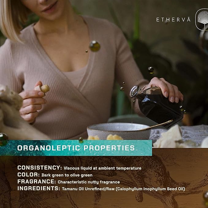 ETHERVA Tamanu Oil | No Chemicals | Natural Scent | Unrefined, Raw, Cold Pressed, Solidifies in Winter | Wild Grown Organic Indian Origin | DIY Face, Body, Scalp & Hair | Aluminium Bottle 20.9 Fl Oz