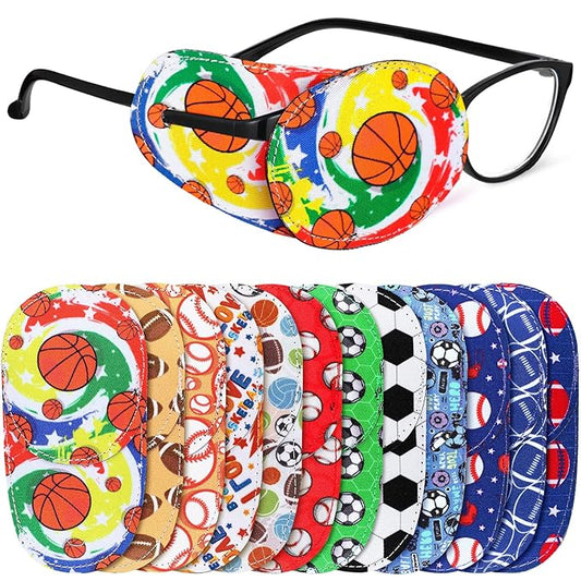 Newcotte 12 Pcs Eye Patch for Kids Toddler Reusable Adjustable Girls Boys Eyepatch for Glasses Left or Right Eye Patch, Assorted Patterns(Sports)