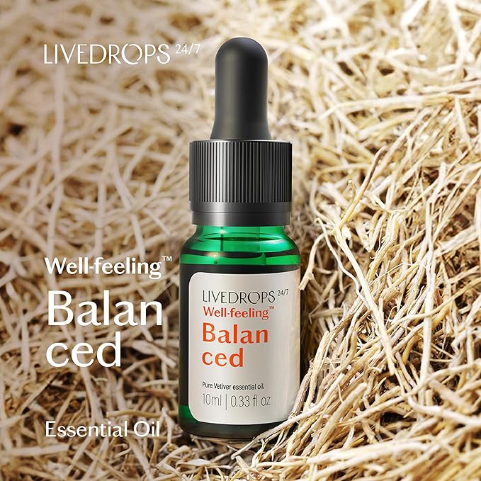 LIVEDROPS 24/7 Balanced Vetiver Essential Oil - Anchoring Scent of Vetiver - Crafted in France - Pure & Natural - Aromatherapy - Dilute in Carrier Oil for The Skin or use in a Diffuser
