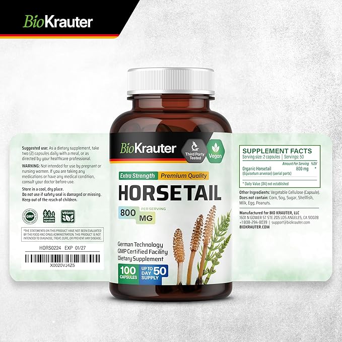 BIO KRAUTER Horsetail Herb Capsules - 800 mg Strength - 100 Count - Horsetail Powder Capsules - Hair Support