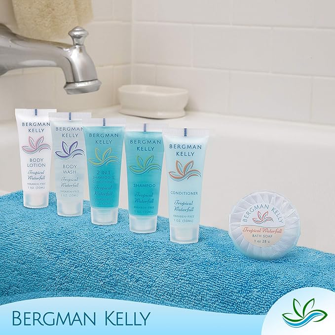 BERGMAN KELLY Round Hotel Soap Bars, Shampoo & Conditioner 3-Piece Set (1 oz each, 150 pc total, Tropical Waterfall), Delight Your Guests with Refreshing Bulk Travel Size Hotel Toiletries