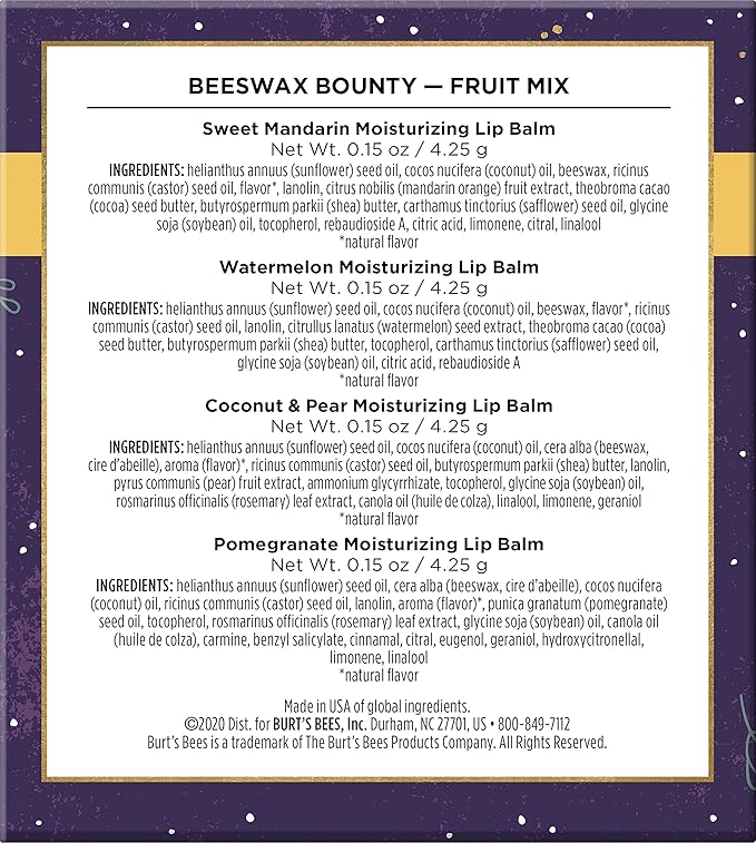 Burt’s Bees Holiday Gift, 4 Lip Balm Stocking Stuffer Products, Beeswax Fruit Set - Pomegranate, Sweet Mandarin, Coconut and Pear & Watermelon (Old Version)