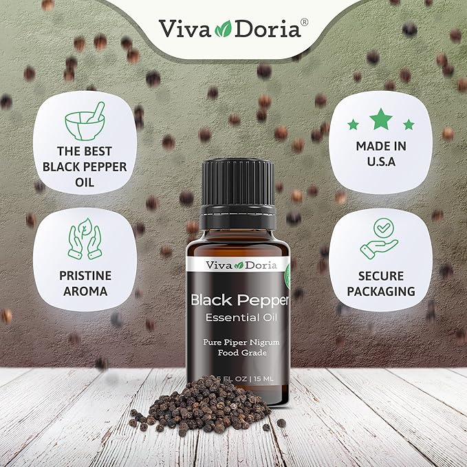 Viva Doria Black Pepper Essential Oil, 100% Pure, Natural Black Pepper Essential Oil, Undiluted, for Aromatherapy | Food Grade, 15 mL (0.5 Fluid Ounce)