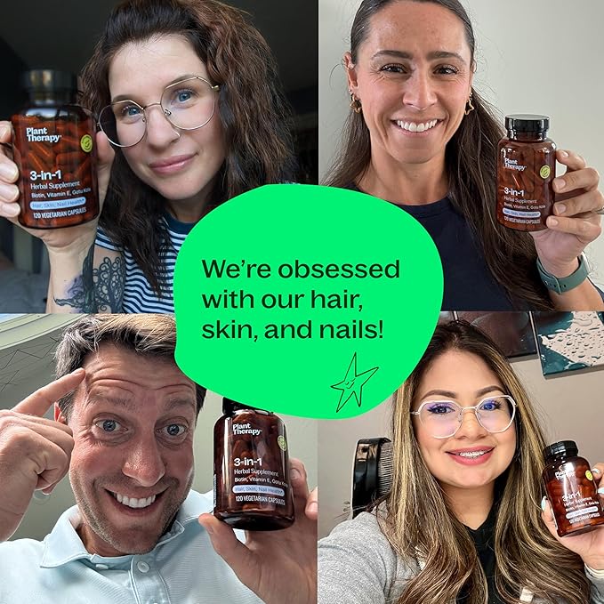 Plant Therapy 3-in-1 Herbal Supplement Capsules, Radiant Skin, Hair Growth, Strong Nails, Potent 3,500 mcg of Biotin, 120 Vegetarian Capsules (4 Month Supply), Made in The USA