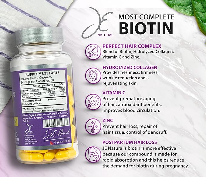 Biotin Hair Skin and Nails Vitamins, Vitamin C, Biotin and Collagen Supplements That Make Hair Grow Faster and Longer, for All Ages, 60 Capsules of Biotin 20000mcg Maximum Strength.
