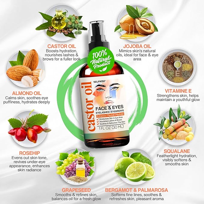 Organic Castor Oil For Face Moisturizer, Eyes, Eyelashes, Eyebrows, Wrinkles with Jojoba, Rosehip, Grapeseed, Squalane, Palmarosa, Bergamot and Vitamin E for Gentle Skin, Men & Women 1oz