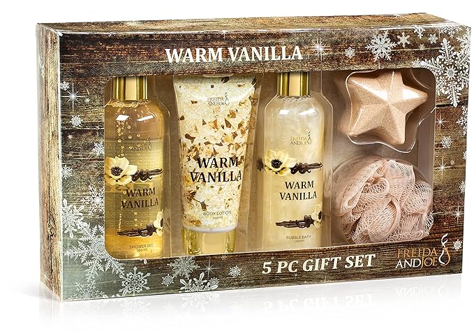 Freida & Joe Fragrance Bath & Body Collection Gift Box, Includes Shower Gel, Body Lotion, Body Scrub, Bath Bomb & Sponge (Warm Vanilla)