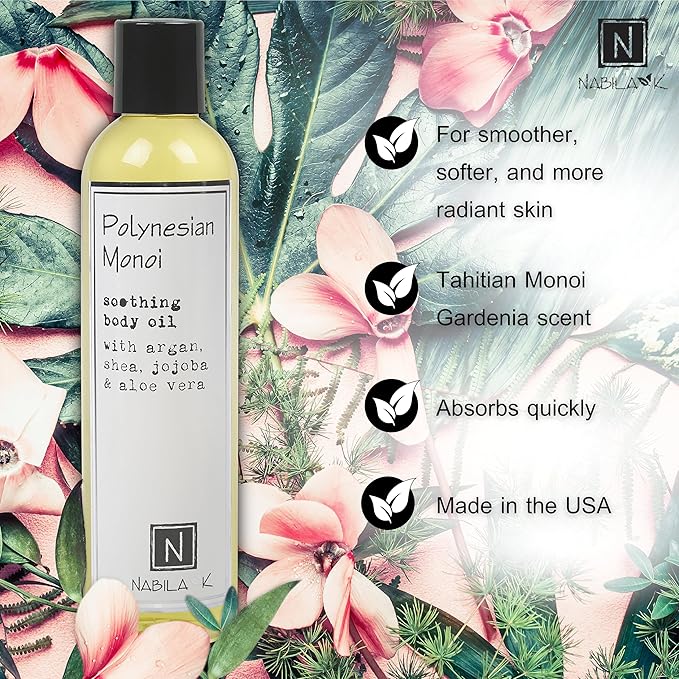 Polynesian Monoi (Monoi de Tahiti Flower Scent) Body Oil, 9 oz Moisturize & Nourish with Argan & Coconut Oil - Vitamin C Enriched - Naturally Derived, Vegan-Friendly