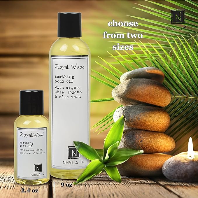 Royal Wood (Marigold & Sandalwood Scent) Body Oil, 9 oz Moisturize & Nourish with Argan & Coconut Oil - Vitamin C Enriched - Naturally Derived, Vegan-Friendly