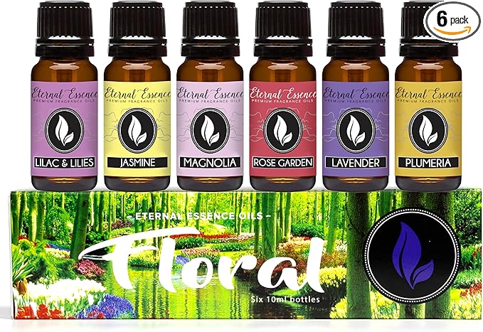 Eternal Essence Oils Floral Set of 6 Premium Fragrance Oils - Lavender, Lilac Lillies, Jasmine, Plumeria, Rose Garden, Magnolia Scented Oil - for Diffusers, Candle & Soap Making, & Aromatherapy