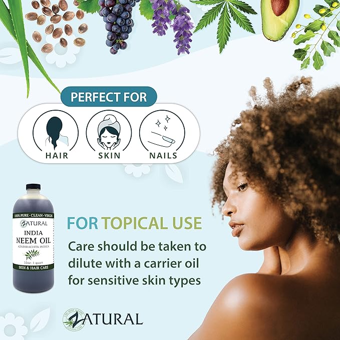 Zatural 100% Pure Neem Oil - Undiluted, Cold-Pressed, For Hair, Skin, and Nails, 32 oz
