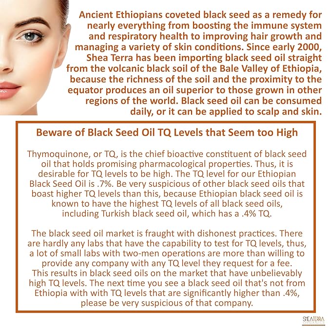 Shea Terra Ethiopian Black Seed Cold-Pressed Extra Virgin Oil | All Natural & Oil to Boost Immune System, Improve Hair Growth & Skin Tone, Manage Chronic Dry Skin, Eczema & More - 8 oz