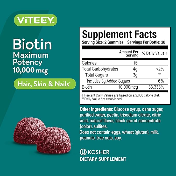 Biotin Gummies for Hair Skin Nails 10,000mcg - Hair Growth Gummies, Healthy Skin Glow, Strong Healthy Nail Growth - Vegan, Gluten Free, Gelatin Free, GMO Free - Tasty Chewable Raspberry Flavor