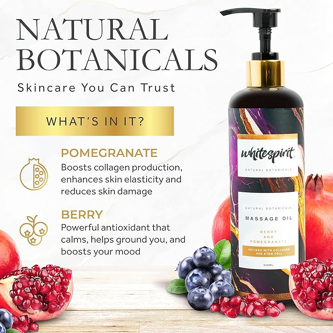 WHITESPIRIT Water Soluble Massage Oil - Large 11.83oz, Berry & Pomegranate Relaxing Aromatherapy, Warming Soothing Touch Plus Collagen
