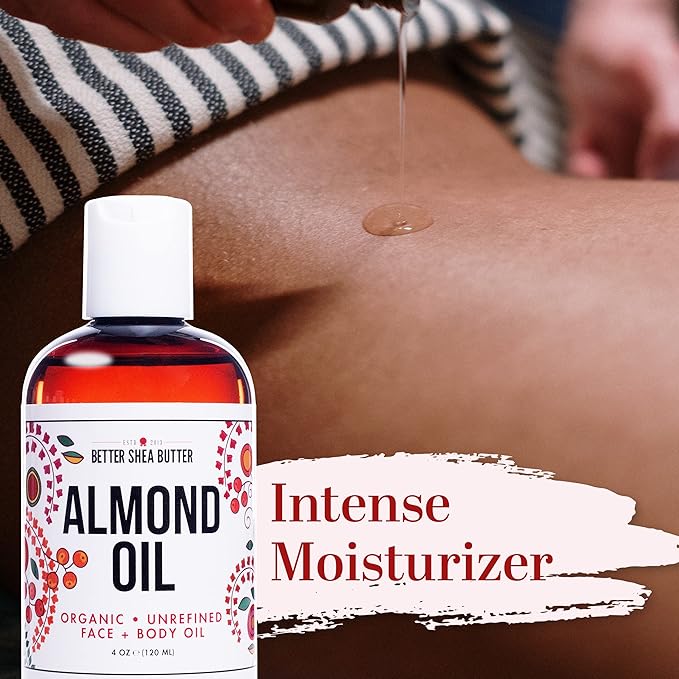 Better Shea Butter Organic Almond Oil | 100% Pure, Cold-Pressed | Natural Massage Oil for Body and Face | 4 oz