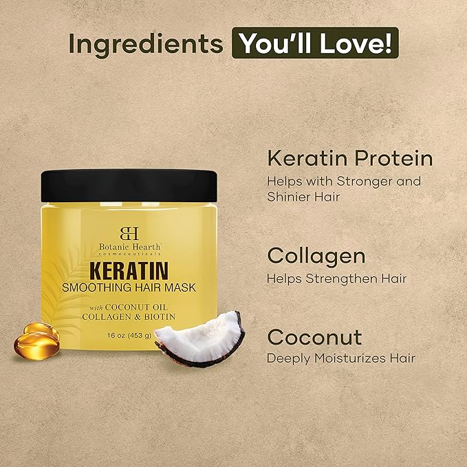 Botanic Hearth Keratin Hair Mask - Biotin, Collagen & Coconut Oil - for Dry Damaged Treated Hair - Restore, Repair, Smoothing, Conditioning & Strengthen All Hair Types - for Men & Women - 16 oz