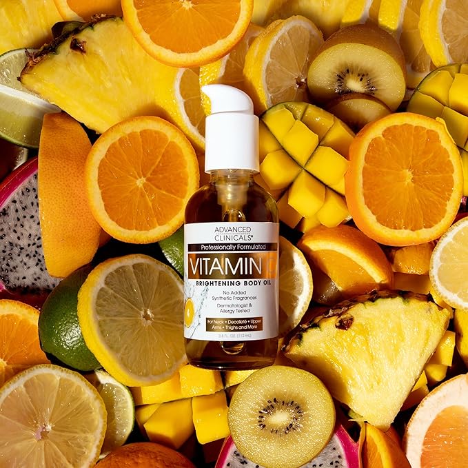 Advanced Clinicals Vitamin C Body Oil Skin Care Moisturizer W/Vitamin E & Turmeric - Nourishing, Brightening, & Hydrating Body Oil To Improve Look Of Dark Spots, Dry Skin, & Stretch Marks, 3.8 Fl Oz