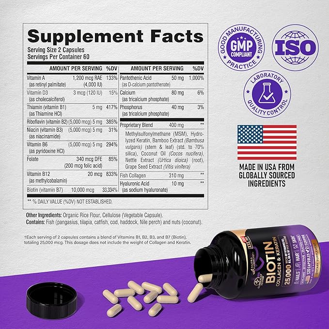Biotin | Collagen | Keratin - Clinically Tested Supplement - Hair Growth Support, Skin & Nails - 25000 mcg Vitamins B2, B3, B6 & B7 + B1 & Hyaluronic Acid - Made in USA - Women & Men | 120 Capsules