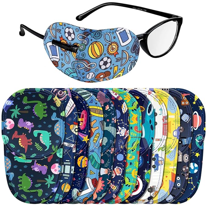 Newcotte 12 Pcs Eye Patch for Kids Toddler Reusable Adjustable Girls Boys Eyepatch for Glasses Left or Right Eye Patch, Assorted Patterns(Fresh)