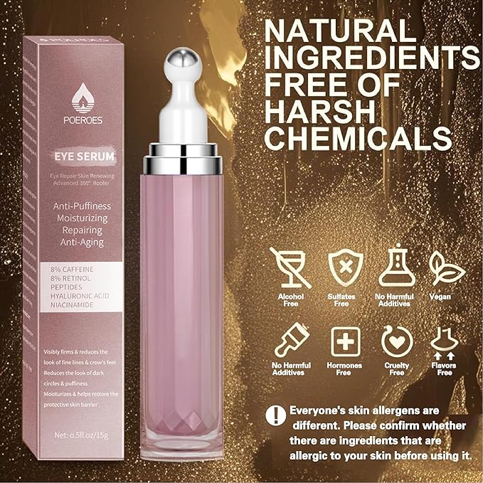 Eye Serum with 8% Caffeine 8% Retinol Hyaluronic Acid Niacinamide peptides for Puffy Bags Fine Lines Dark Circles Wrinkles, Under Eye Cream with 360° Roller Massage Ball, 0.5 fl. oz