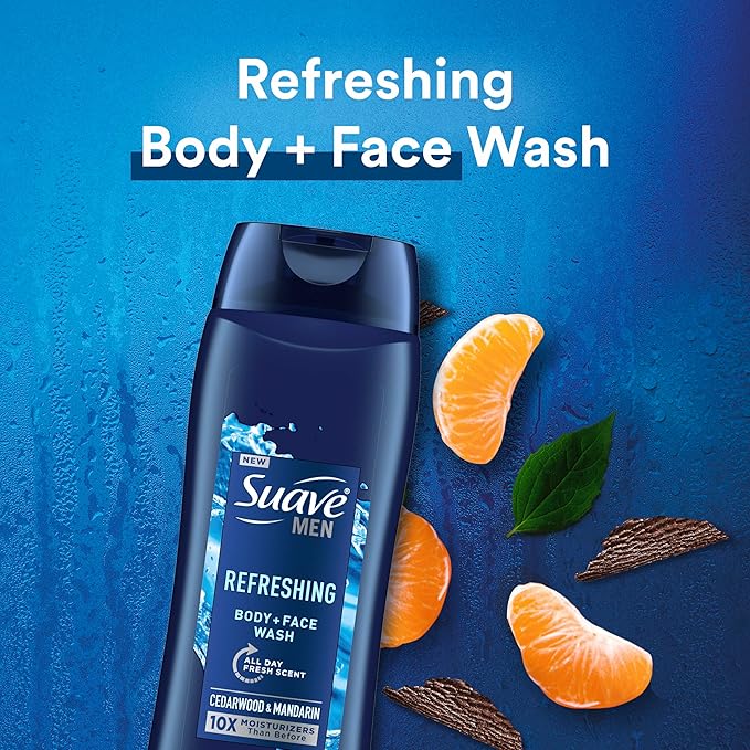 Suave Men Moisturizing Body & Face Wash, With Cedarwood and Mandarin Scent, No Parabens, No Phtahaltes, 18 Oz Pack of 6