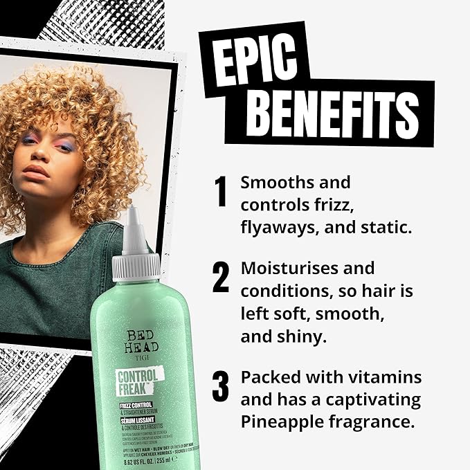 Bed Head TIGI Control Freak Frizz Control & Straightening Serum - Use for Anti-Frizz & Smoothing - For Frizzy, Curly & Coarse Hair - Use on Damp & Dry Hair - Fly Away Hair Tamer - 8.62 oz (2 Pack)