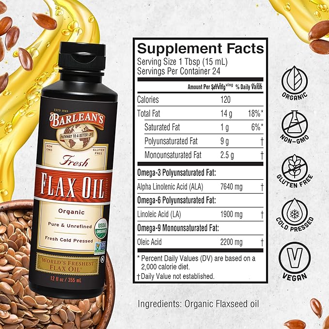 Barlean's Organic Flaxseed Oil Liquid, Cold Press Flax Seeds, 7,640mg ALA Omega 3 Fatty Acid Supplement for Healthy Hair, Skin, and Eyes, Vegan & Gluten Free, 12 oz