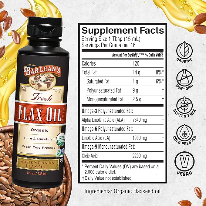 Barlean's Organic Flaxseed Oil Liquid from Fresh Cold Pressed Flax Seeds, 7,640mg ALA Omega 3 Fatty Acid Supplement for Skin and Hair Care, Vegan & Gluten Free, 8 oz