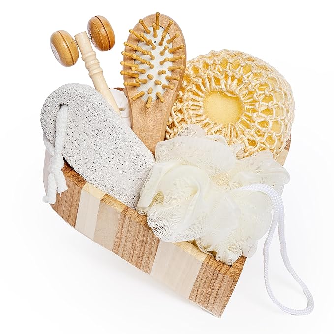 Bella Ciao Body and Skin Care Set, 6-PC, Face Massage Roller, Hair Brush, Pumice Stone, Loofah, Exfoliating Sponge, Wooden Tray Gift Basket, Bath and Body Gift Set, Valentines Day Gifts for Her