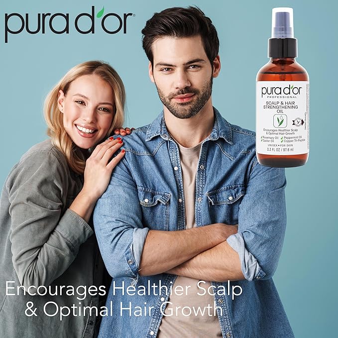 PURA D'OR 3.3 Oz Scalp & Hair Strengthening Oil - Supports Optimal Growth, Reduce Breakage, Nourish Roots for Healthier, Fuller, Thicker Hair - Rosemary, Castor & Peppermint Oil for Stronger Strands