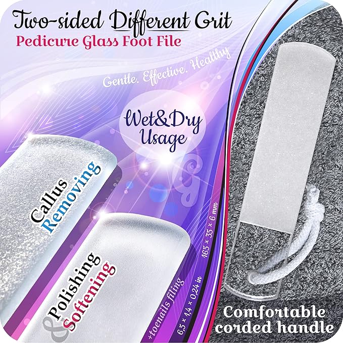 Genuine Czech Glass Foot File by GLADZY - Gentle Callus Remover Foot Rasp, Pedicure & Spa Rough Skin Scrubber, Two-Sided Etched Different Grit Surface, Professional Toenail & Heels Care, Made in EU