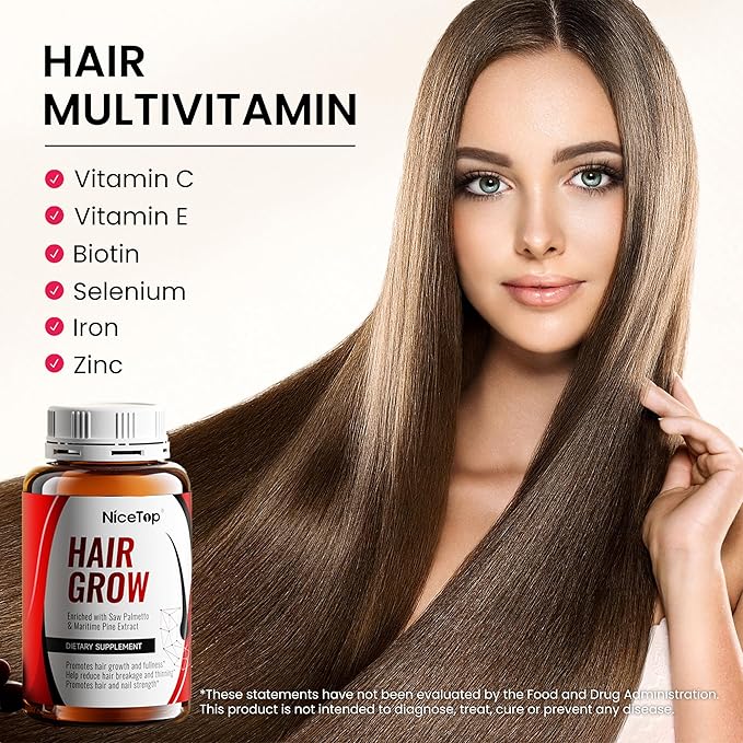 Hair Growth Supplement, Hair Care Support for Strength, Thickness Growth, with Biotin Vitamin A, C, E, Zinc, 60 Capsules