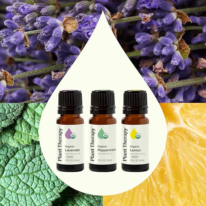 Plant Therapy Top 3 Organic Essential Oil Singles Set 10 mL (1/3 oz) Lemon, Lavender & Peppermint 100% Pure Essential Oils, Undiluted, Natural Aromatherapy for Diffusion and Body Care