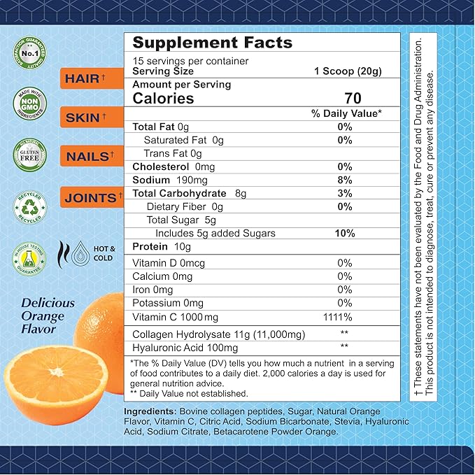 ALFA VITAMINS CollagenC Hydrolysate Peptides Powder Supplement with 1,000mg Vitamin C - Premium Quality Source of Nutrients - Skin, Hair, Nails, Immune Boost & Joints Support - Orange Flavor -11 OZ
