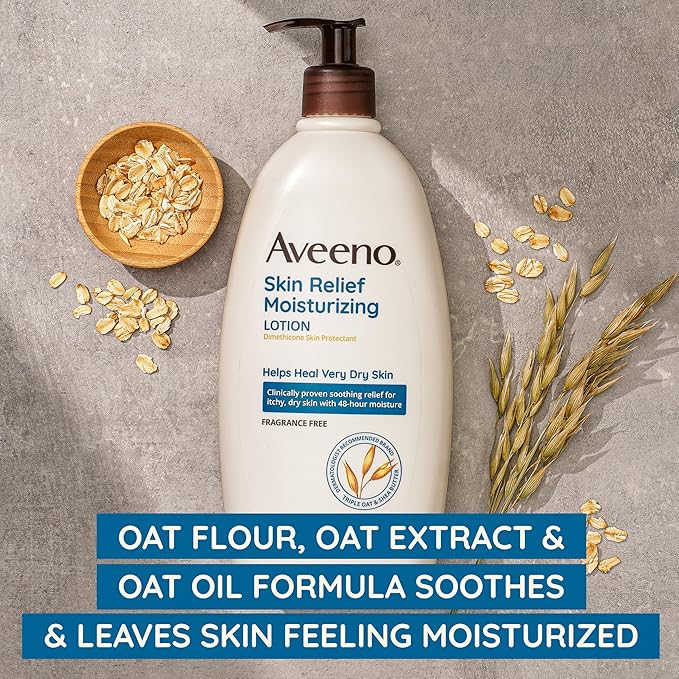 Aveeno Skin Relief Moisturizing Lotion for Very Dry Skin with Soothing Triple Oat & Shea Butter Formula, Dimethicone Skin Protectant Helps Heal Itchy, Dry Skin, Fragrance-Free, 33 fl. oz