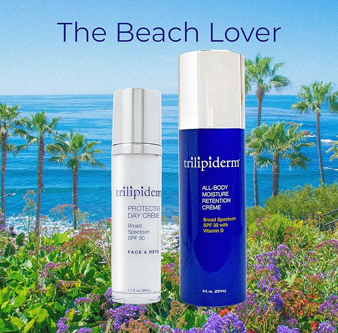 Trilipiderm Beach Lover Bundle - All-Body Moisture Retention Crème & Protective Day Crème Broad Spectrum SPF 30, Sunscreen Lotion Set for Face and Body, Travel Size